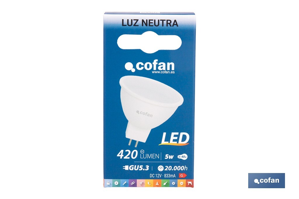 Lámpara LED COB GU-5.3 5W | 4000 K Luz Neutra | 420 lúmenes | Ángulo de 110° | 12V DC | Ahorro Energético del 90% | +50.000 Encendidos | 20.000h de Vida - Cofan