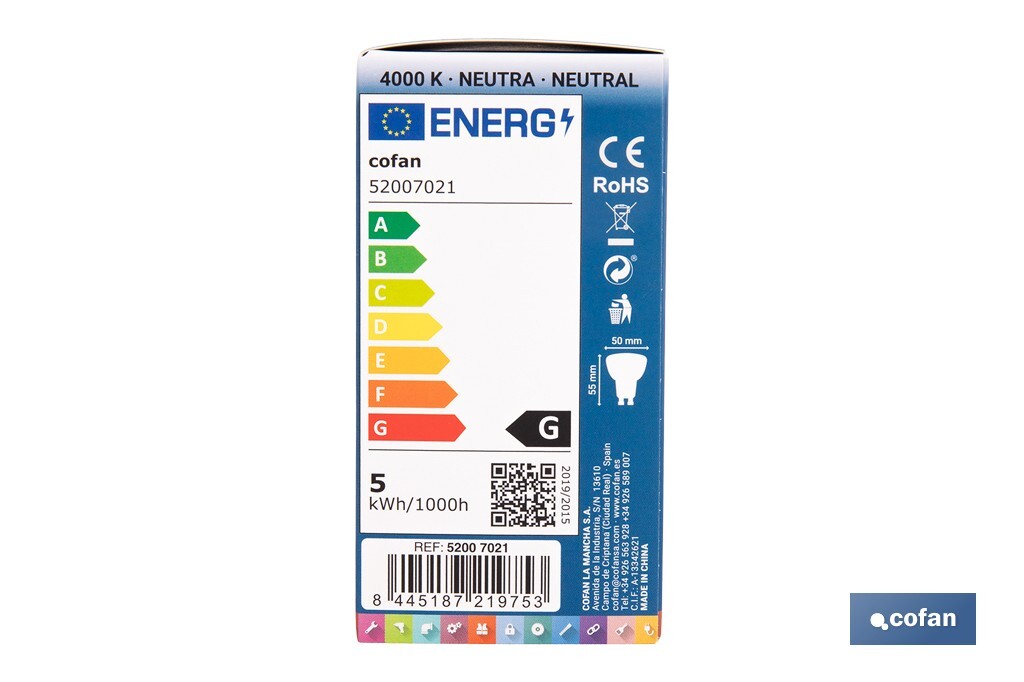 Lámpara LED COB GU-5.3 5W | 4000 K Luz Neutra | 420 lúmenes | Ángulo de 110° | 12V DC | Ahorro Energético del 90% | +50.000 Encendidos | 20.000h de Vida - Cofan