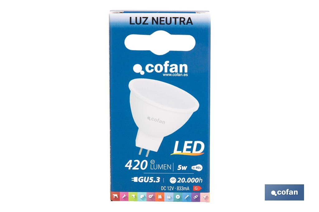 Lámpara LED COB GU-5.3 5W | 4000 K Luz Neutra | 420 lúmenes | Ángulo de 110° | 12V DC | Ahorro Energético del 90% | +50.000 Encendidos | 20.000h de Vida - Cofan