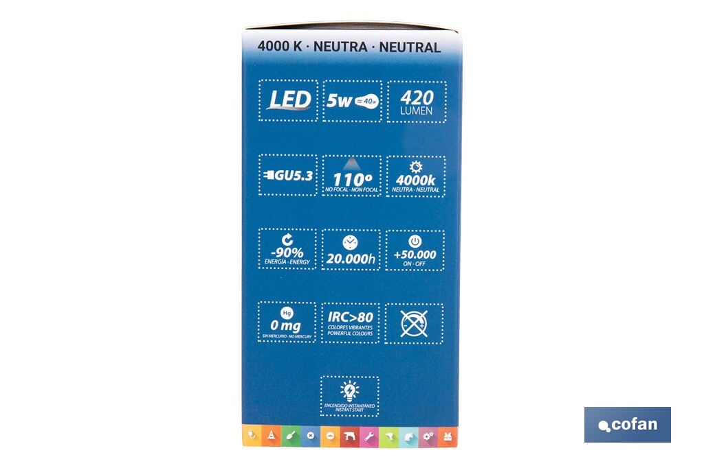 Lámpara LED COB GU-5.3 5W | 4000 K Luz Neutra | 420 lúmenes | Ángulo de 110° | 12V DC | Ahorro Energético del 90% | +50.000 Encendidos | 20.000h de Vida - Cofan