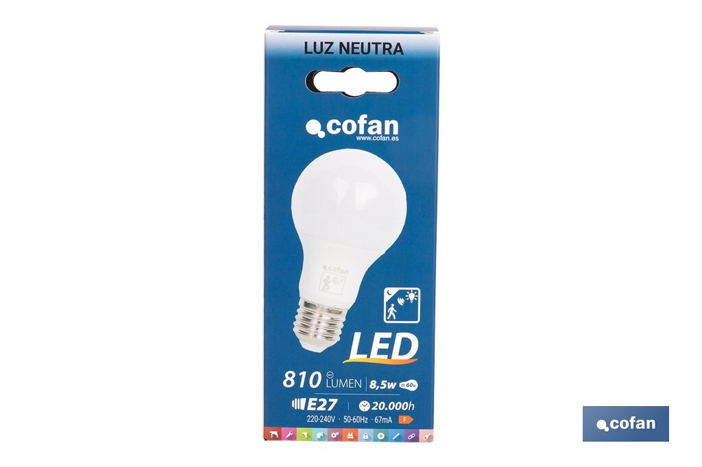 Bombilla Clásica LED con Sensor de Presencia E27 | 8,5 W - 810 lúmenes | 4000 K - luz neutra | Detección 240° <6 m | Ahorro Energético 90% | 25.000 h de Vida - Cofan