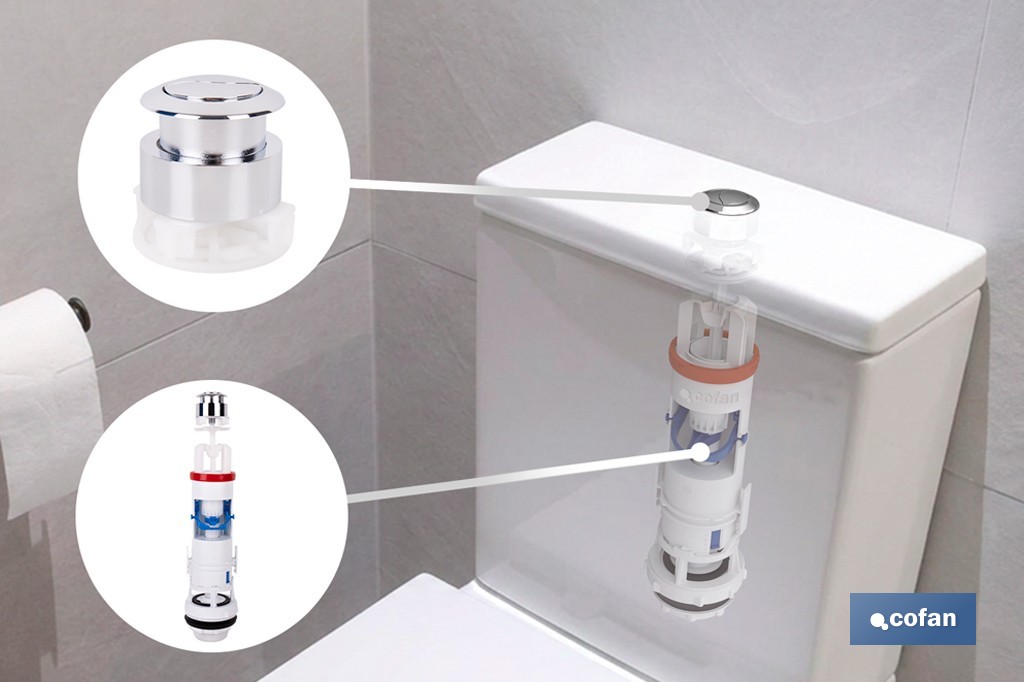 Pulsador de doble descarga para inodoro | Sistema Dual Flush y ahorro de agua | Compatible con descargador modelo Tambre - Cofan