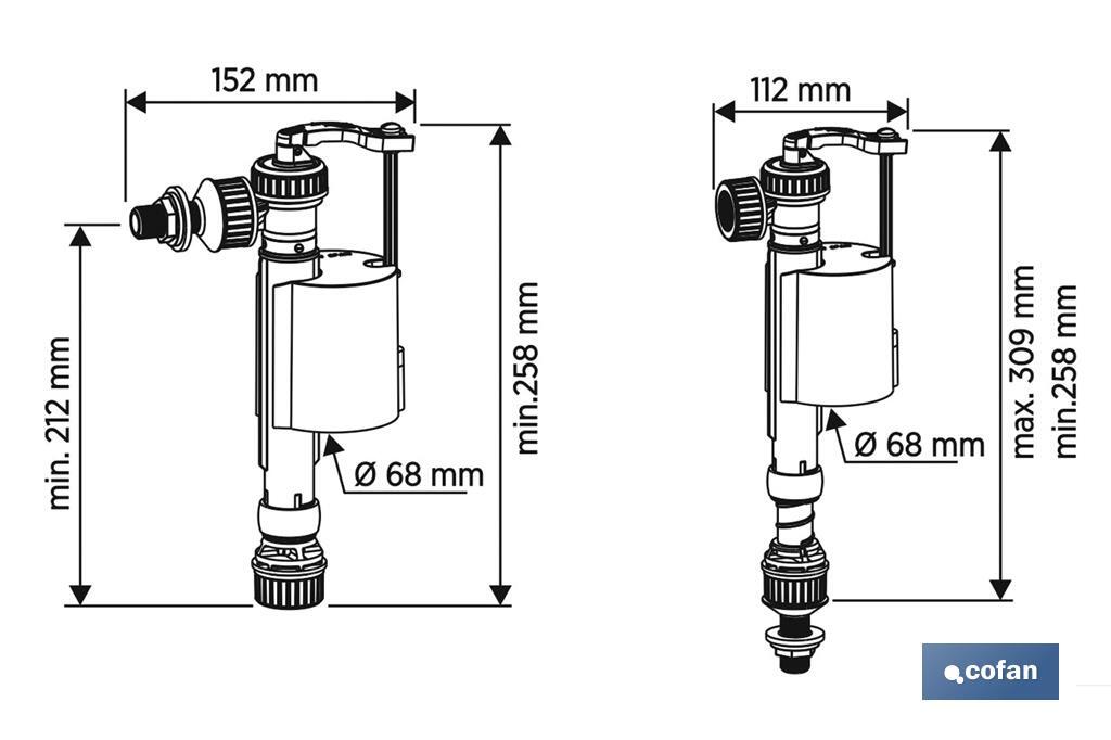 Toilet Fill Valve | WC 2 in 1 | Bottom or Side Entry Fill Valve | Arauca Model | Piston Closure | Easy to Install and Assembly - Cofan