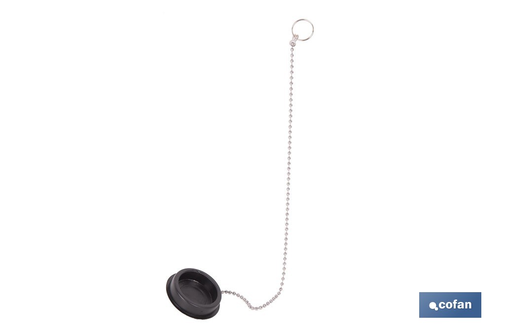 Tapón de drenaje con cadena y dos anillas | Tapón de PVC negro y cadena de acero inox. | Disponible en varias medidas - Cofan