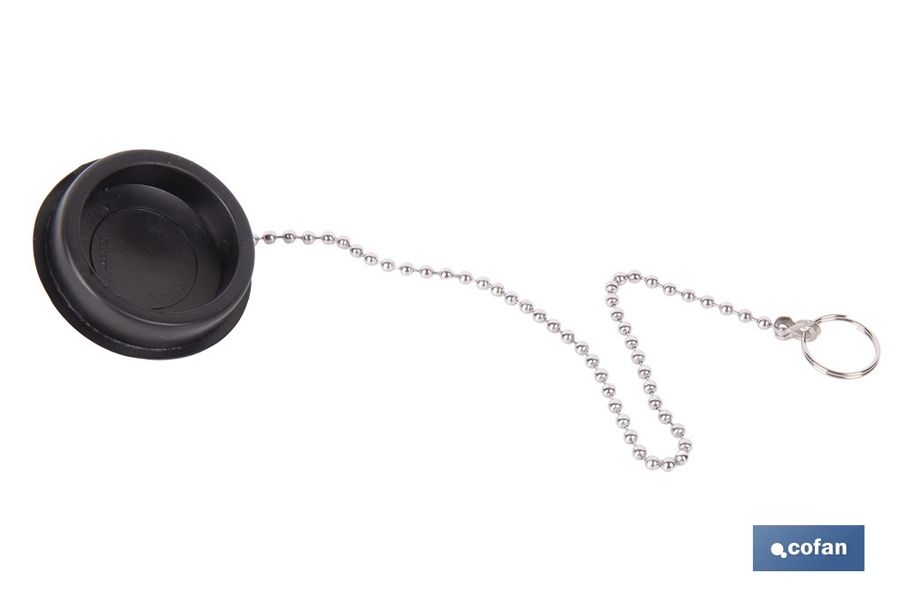 Tapón de drenaje con cadena y dos anillas | Tapón de PVC negro y cadena de acero inox. | Disponible en varias medidas - Cofan