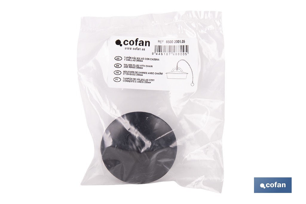 Tapón de drenaje con cadena y dos anillas | Tapón de PVC negro y cadena de acero inox. | Disponible en varias medidas - Cofan