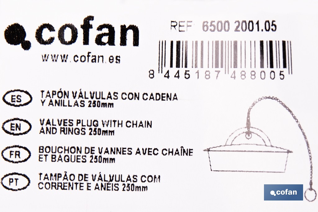 Tapón de drenaje con cadena y dos anillas | Tapón de PVC negro y cadena de acero inox. | Disponible en varias medidas - Cofan