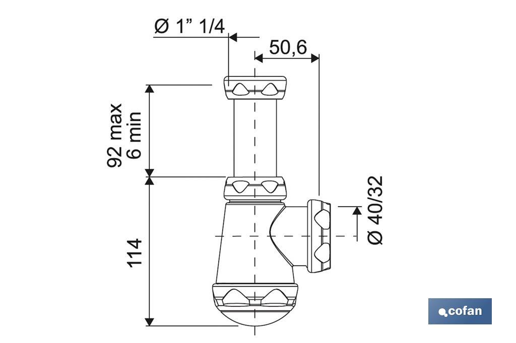 Sifón de Botella Corto | Extensible | Racor de 1" 1/4 | Con Salida de 40 mm | Junta Cónica reductora de Ø32 mm - Cofan