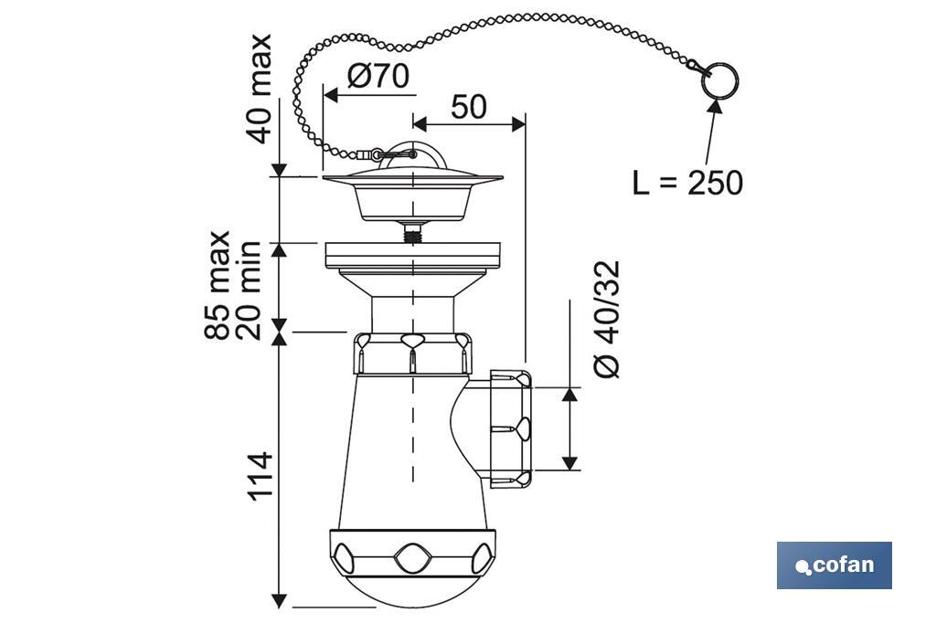 Sifón de Botella Corto | Extensible | Racor de 1" 1/4 | Con Salida de 40 mm | Junta Cónica reductora de Ø32 mm - Cofan