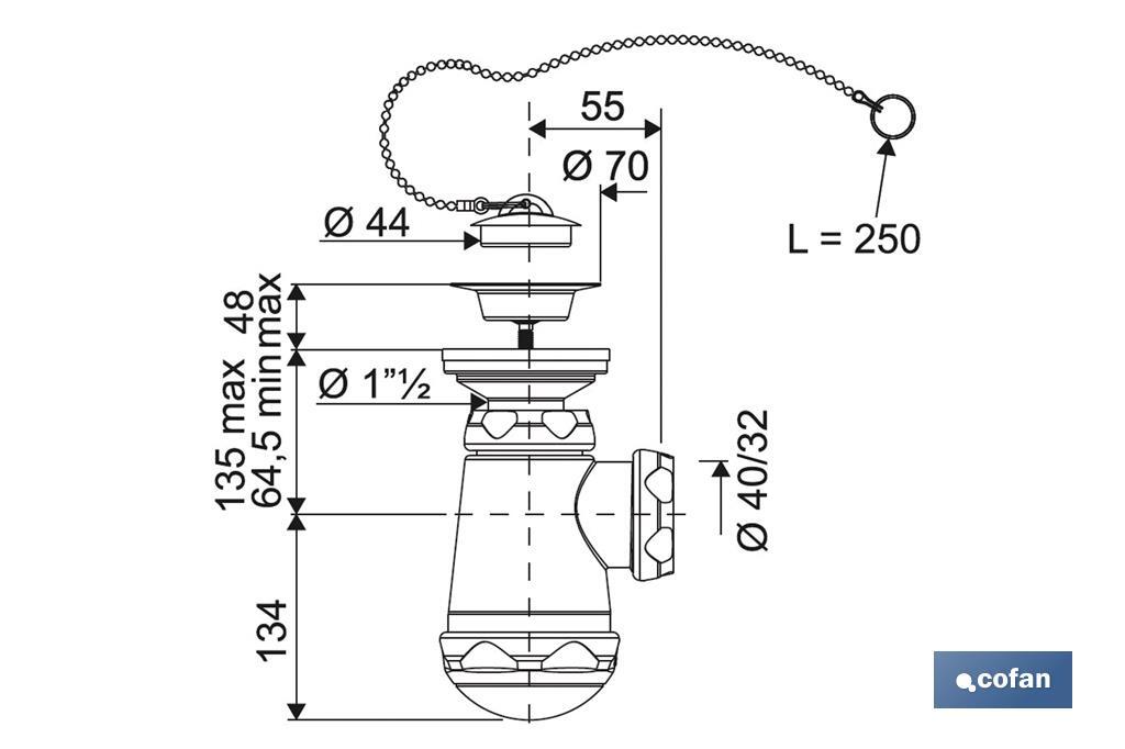 Sifone a bottiglia | Uscita da Ø40 mm | Raccordo da 1" 1/2 x 70 | Valvola per lavabo e bidet | Realizzato in polipropilene - Cofan