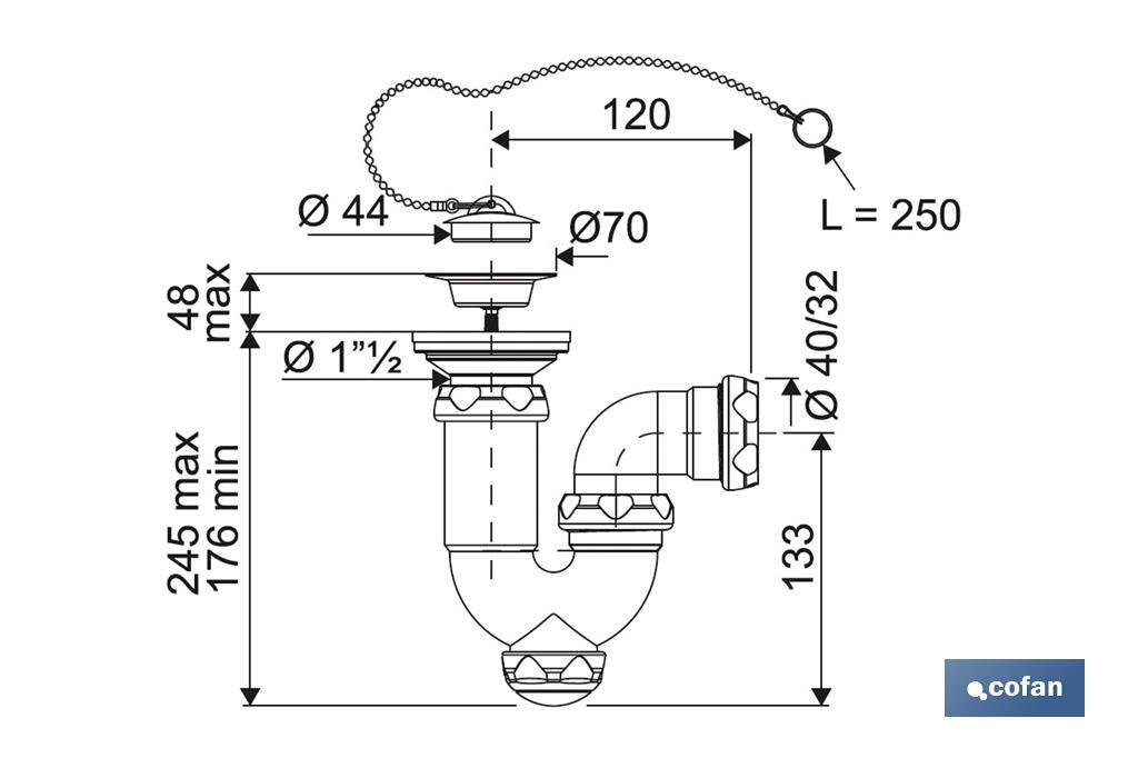 Siphon Courbé | Avec Sortie de Ø40 mm | Avec Raccord de 1" 1/2 x 70 | Valve pour Lavabo et Bidet | Fabriqué en Polypropylène - Cofan