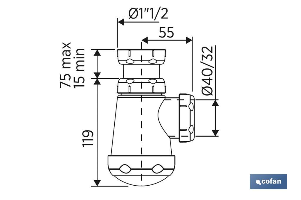 Bottle Trap | With Ø40mm Outlet | With 1" 1/2 x 70 Fitting | Basin and Bidet Valve | Polypropylene - Cofan