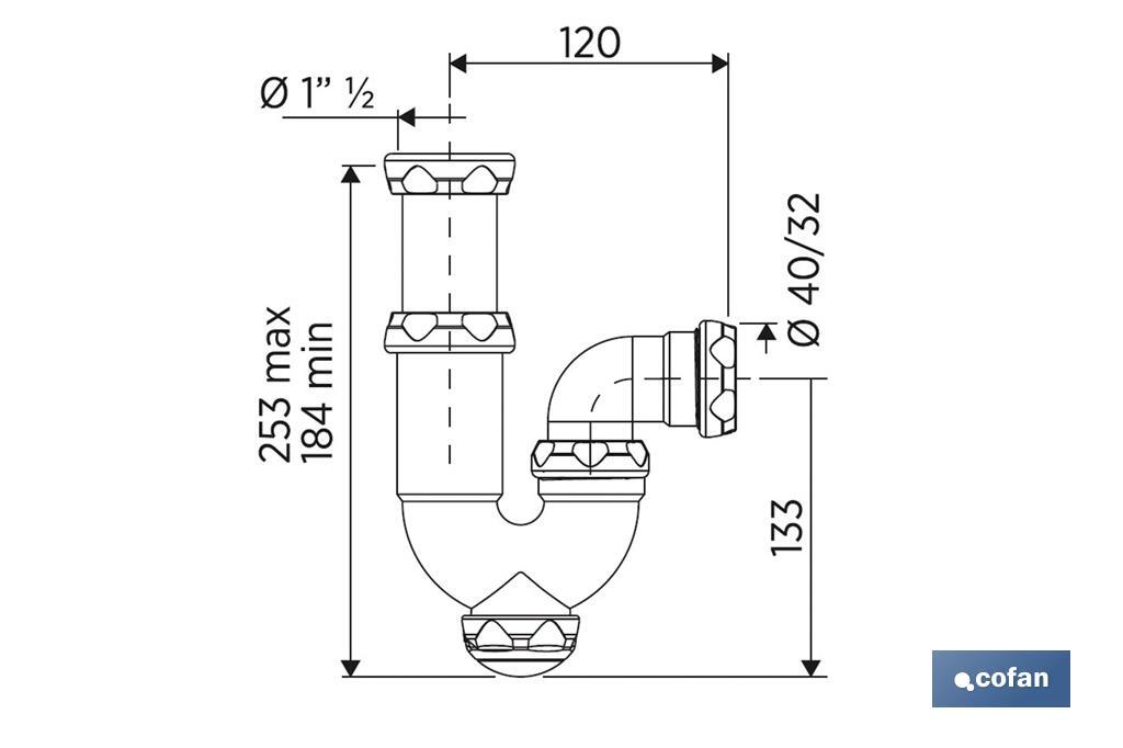 Siphon Courbé | Avec Sortie de Ø40 mm | Avec Raccord de 1" 1/2 x 70 | Valve pour Lavabo et Bidet | Fabriqué en Polypropylène - Cofan