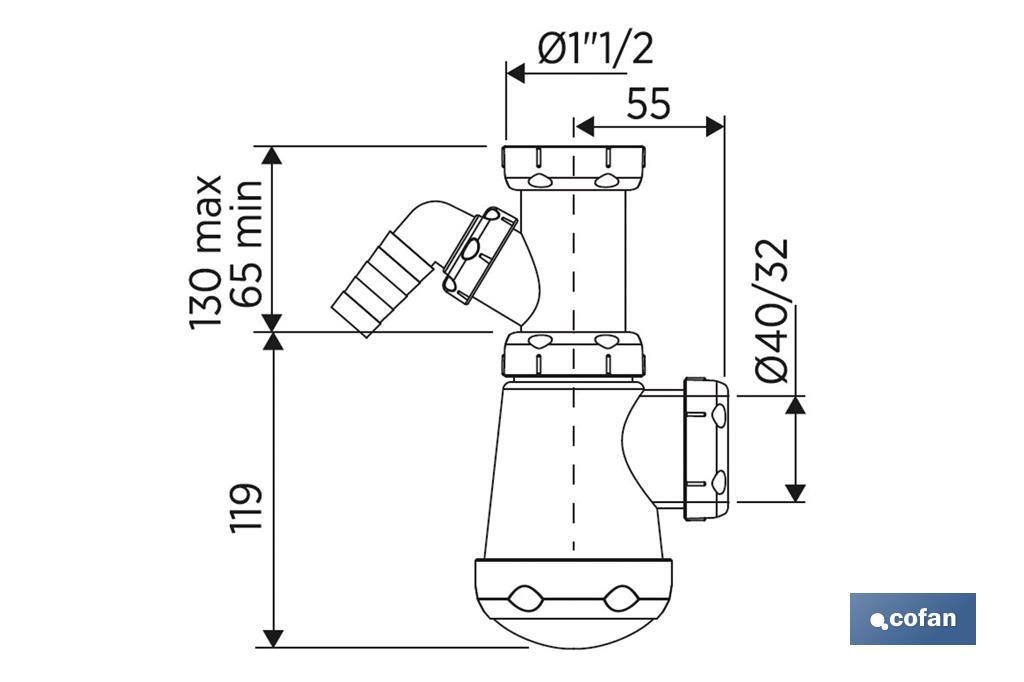 Sifón de Botella | Con Salida de Ø40 mm | Con Racor de 1" 1/2 | Fabricado en Polipropileno | Junta Cónica Reductora de Ø32 mm - Cofan