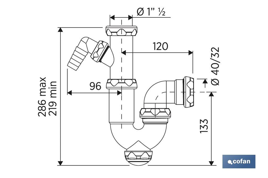 Sifão curvo | Com saída de Ø40 mm | Com racor 1 "1/2 | Fabricado em Polipropileno | Junta cónica redutora Ø32 mm - Cofan