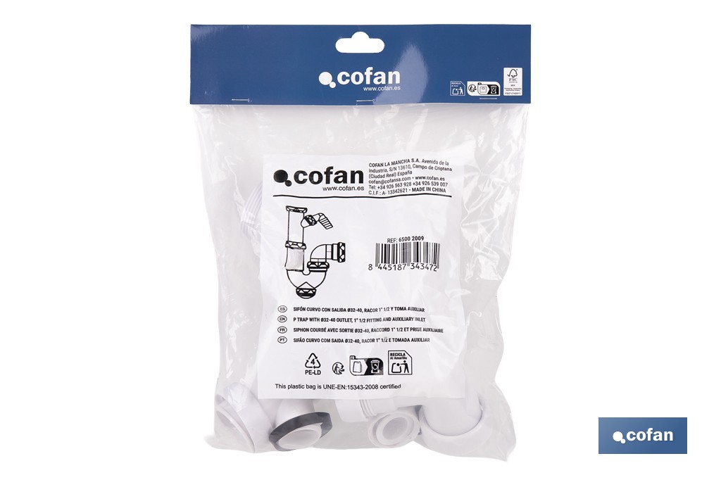 P-Trap |With Ø40mm Outlet | With 1" 1/2 Fitting | Polypropylene | Ø32mm Conical Reduction Gasket | Coupling - Cofan