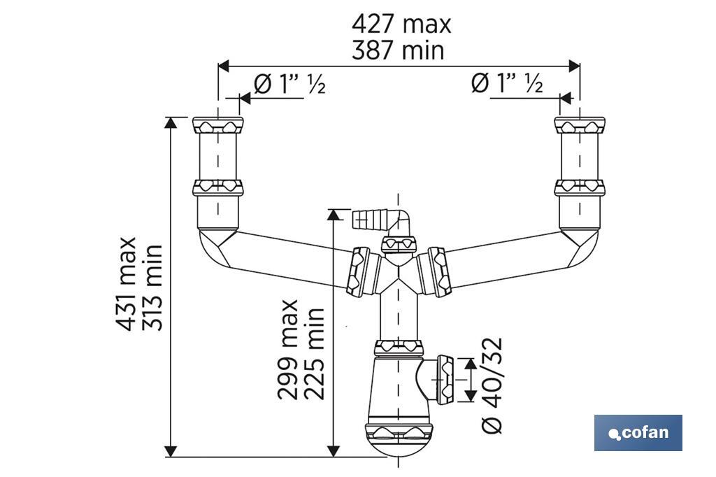 Bottle Trap | Extensible Siphon | With 40mm Outlet | 1" 1/2 Double Fitting | Ø32mm Conical Reduction Gasket - Cofan