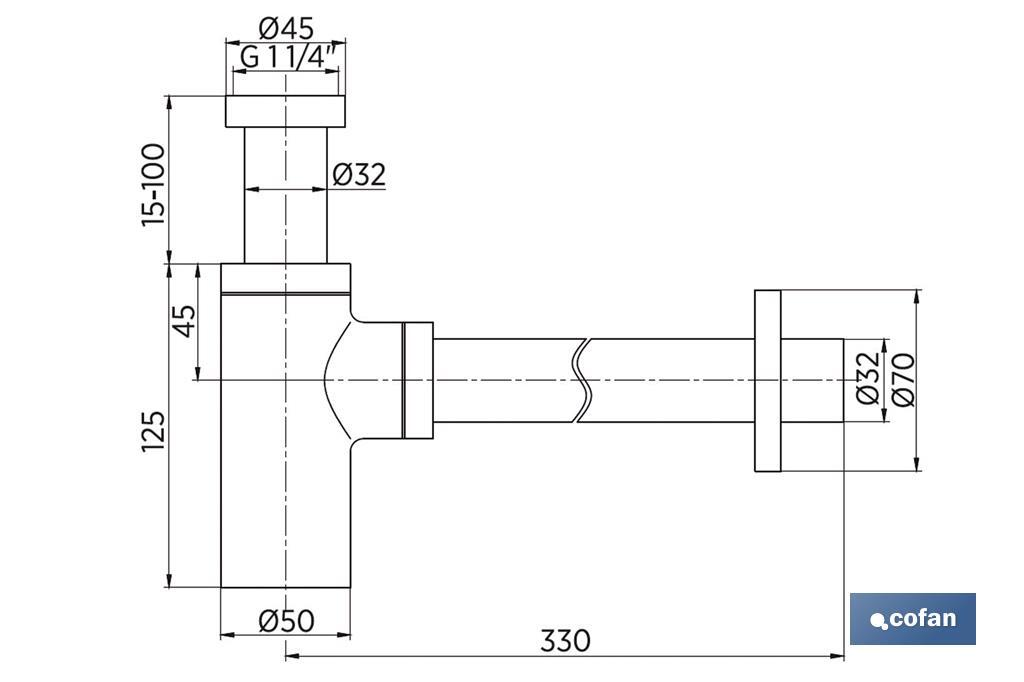 Bottle Trap | Extensible Siphon | Cylindrical Chrome siphon | Horizontal Outlet of 330mm in length and Ø32mm - Cofan