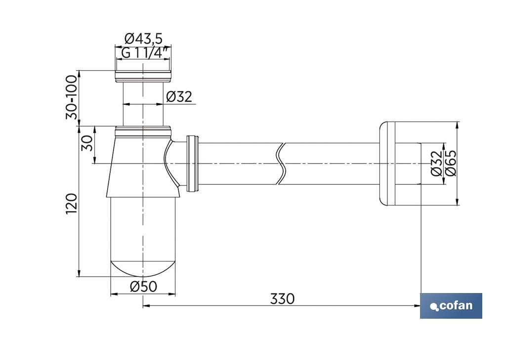 Sifão de garrafa Cromado | Extensível | Com Saída Horizontal de 330 mm de comprimento e Ø32 mm | Rosca 1" 1/4 - Cofan