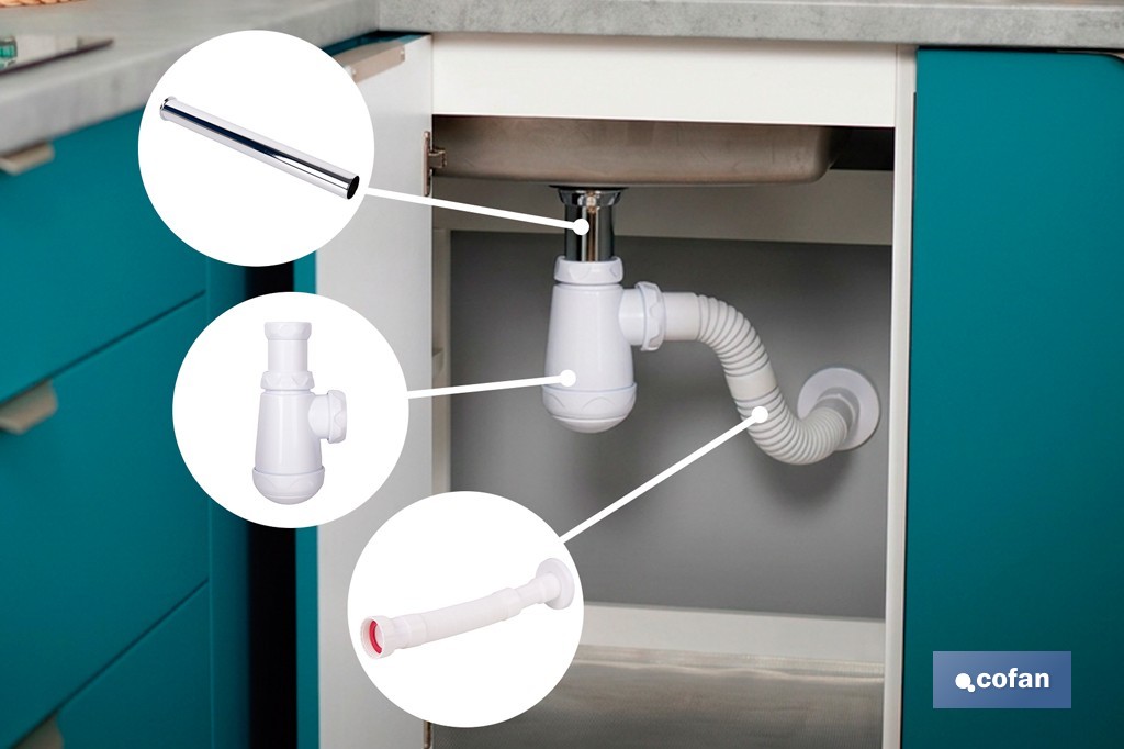 Sifón de botella corto extensible | Salida ajustable de Ø32-40 mm | Adecuado para lavabo | Disponible con diferentes tamaños de racor - Cofan