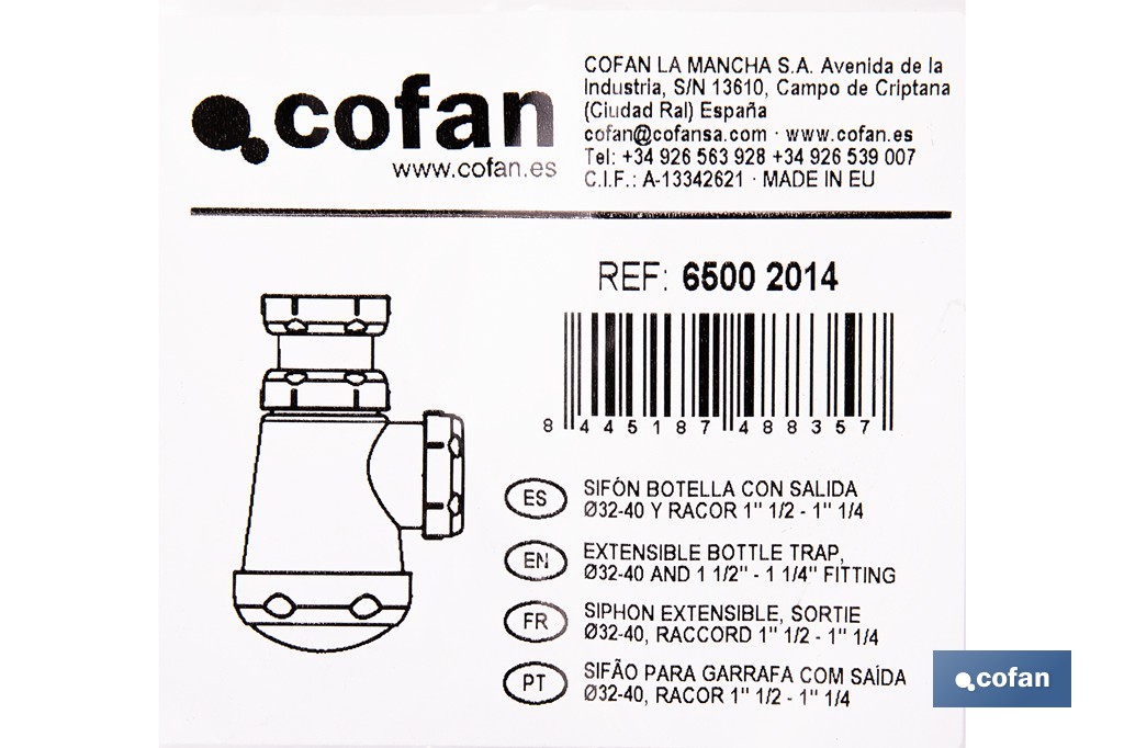 Sifón de botella corto extensible | Salida ajustable de Ø32-40 mm | Adecuado para lavabo | Disponible con diferentes tamaños de racor - Cofan