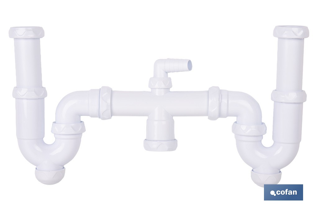 Sifón curvo doble extensible | Salida orientable de Ø32-40 mm y racores de 1 1/2" | Adecuado para fregaderos - Cofan