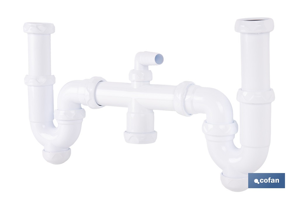 Sifón curvo doble extensible | Salida orientable de Ø32-40 mm y racores de 1 1/2" | Adecuado para fregaderos - Cofan
