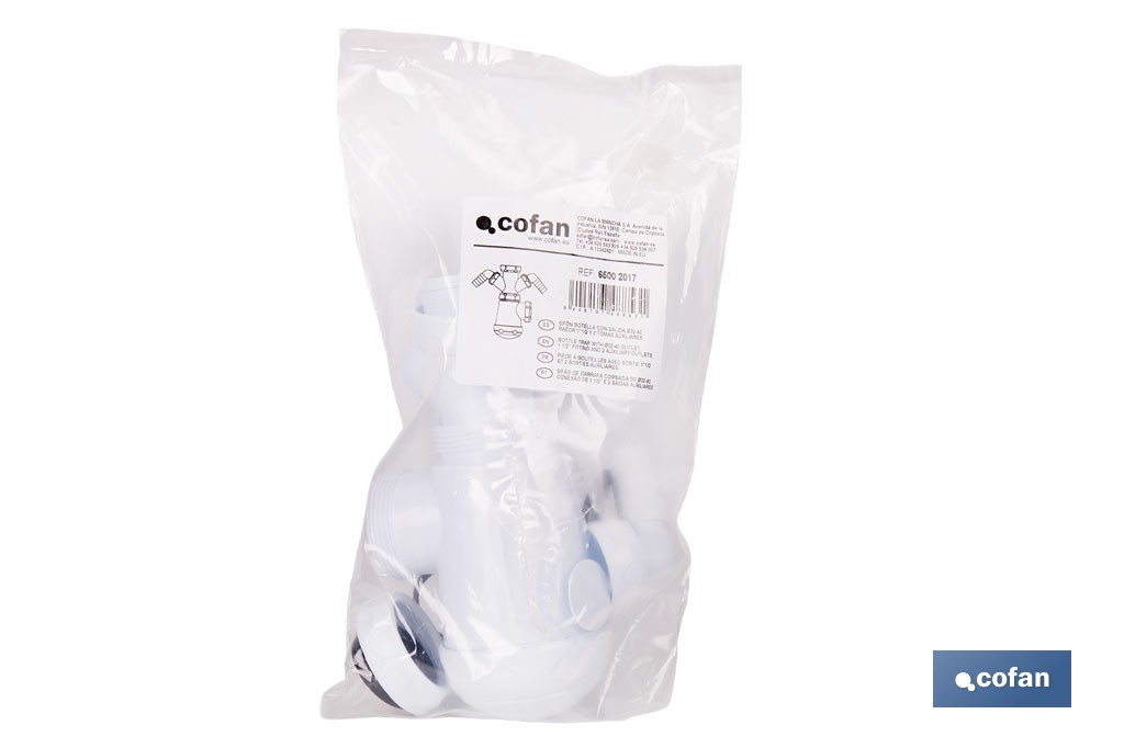 Sifón de botella extensible con 2 tomas auxiliares | Salida horizontal de Ø32-40 mm y racor de 1 1/2" | Adecuado para fregadero - Cofan
