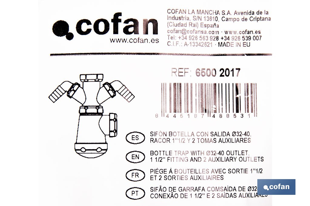 Sifón de botella extensible con 2 tomas auxiliares | Salida horizontal de Ø32-40 mm y racor de 1 1/2" | Adecuado para fregadero - Cofan