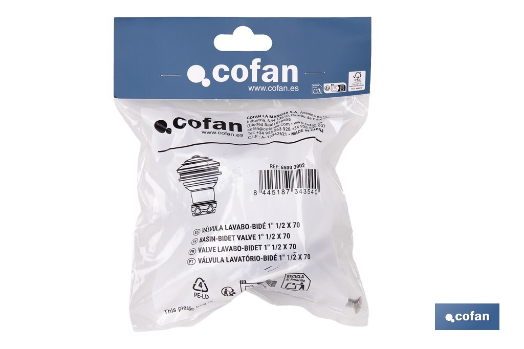 Valve for Basin and Bidet | Polypropylene | Size: 1" 1/4 or 1" 1/2 | Screw, Plug and Chain with Two Rings Included - Cofan