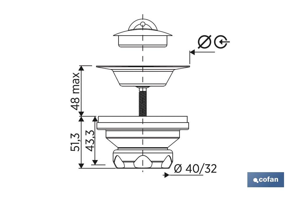 Valvola per lavandino | Realizzata in polipropilene | Dimensioni: 1" 1/2 x 70 o 1" 1/2 85 | Include un tappo e una vite - Cofan