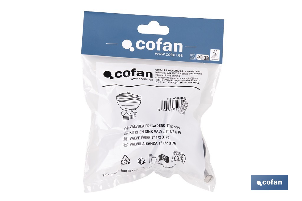Sink Valve | Polypropylene | Size: 1" 1/2 x 70 or 1" 1/2 85 | Screw and Plug Included | High Drainage Capacity - Cofan