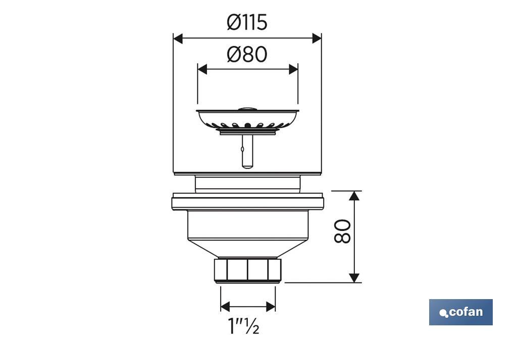 Valvola per lavandino | Realizzata in polipropilene | Dimensioni: 1" 1/2 x 115 | Piletta in acciaio inox - Cofan