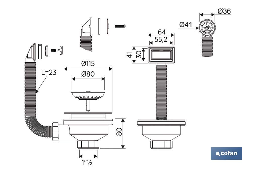 Sink Valve | Size: 1" 1/2 x 115 | Stainless Steel Strainer Plug and Screw | 2 Overflow Pipe Models | Polypropylene - Cofan