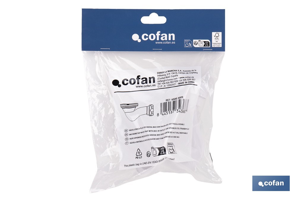 Shower Tray Waste Trap | 60mm Opening | Ø82mm Strainer Plug | Ø40mm Outlet | Ø32mm Conical Reduction Gasket - Cofan