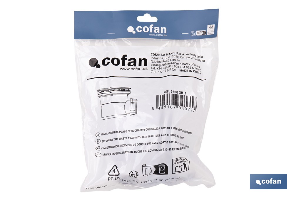 Válvula sifónica para plato de ducha | Diámetros de tapa: Ø90 o Ø115 mm | Salida de Ø40 mm | Junta Cónica Reductora de Ø32 mm - Cofan