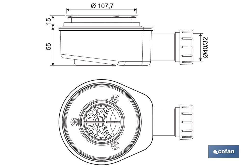 Válvula Sifão Extra-Plana para Base de Chuveiro | Saída de Ø40 mm | Junta cónica redutora Ø32 mm | Sem embelezador - Cofan