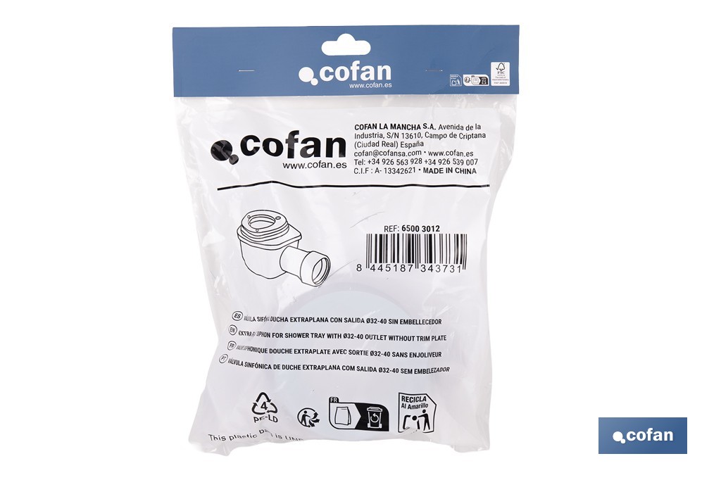 Valve Siphonique Extraplate para Receveur de Douche | Sortie de Ø40 mm | Joint conique réducteur de Ø32 mm | Sans Enjoliveur - Cofan
