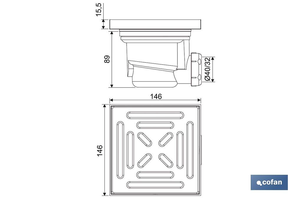 Dreno com válvula de sifão | Para prato de chuveiro de obra | Medidas: 146 x 146 mm | Saída de Ø40 mm - Cofan