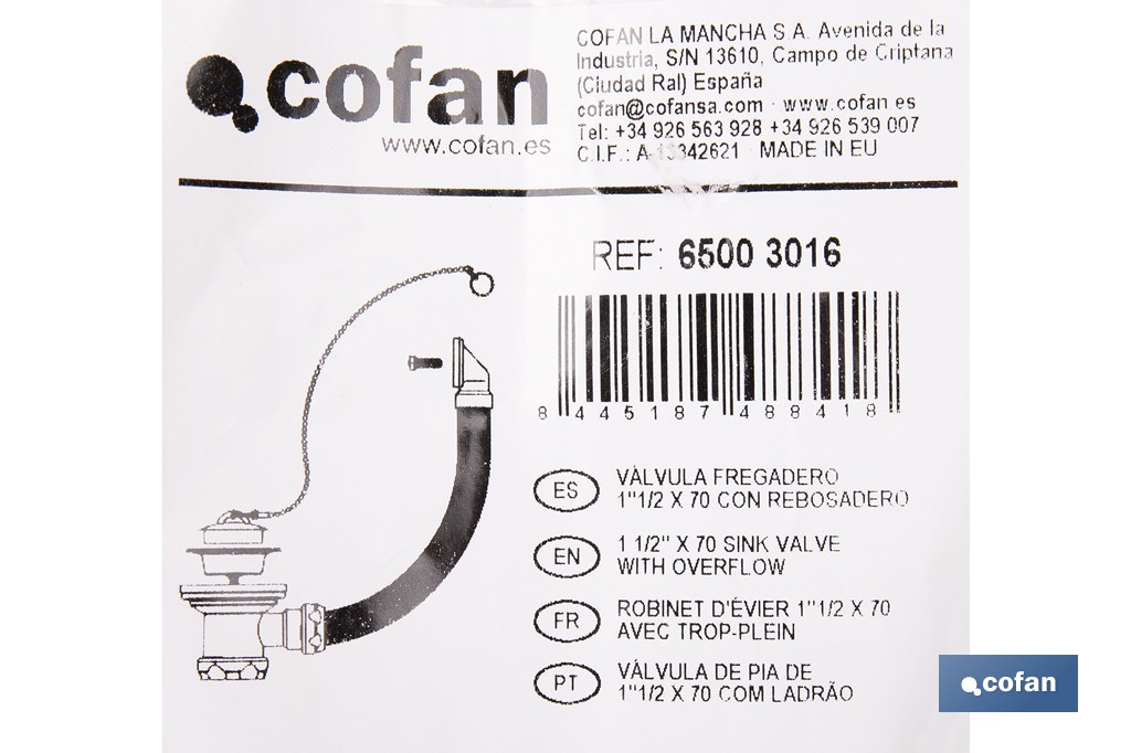 Válvula de fregadero con rebosadero flexible | Racor 1 1/2", válvula 70 mm y salida ajustable Ø32-40 mm - Cofan