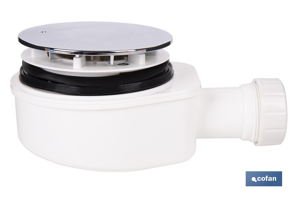Válvula sifónica extraplana para ducha | Embellecedor cromado de acero inoxidable | Salida horizontal de Ø32-40 mm - Cofan