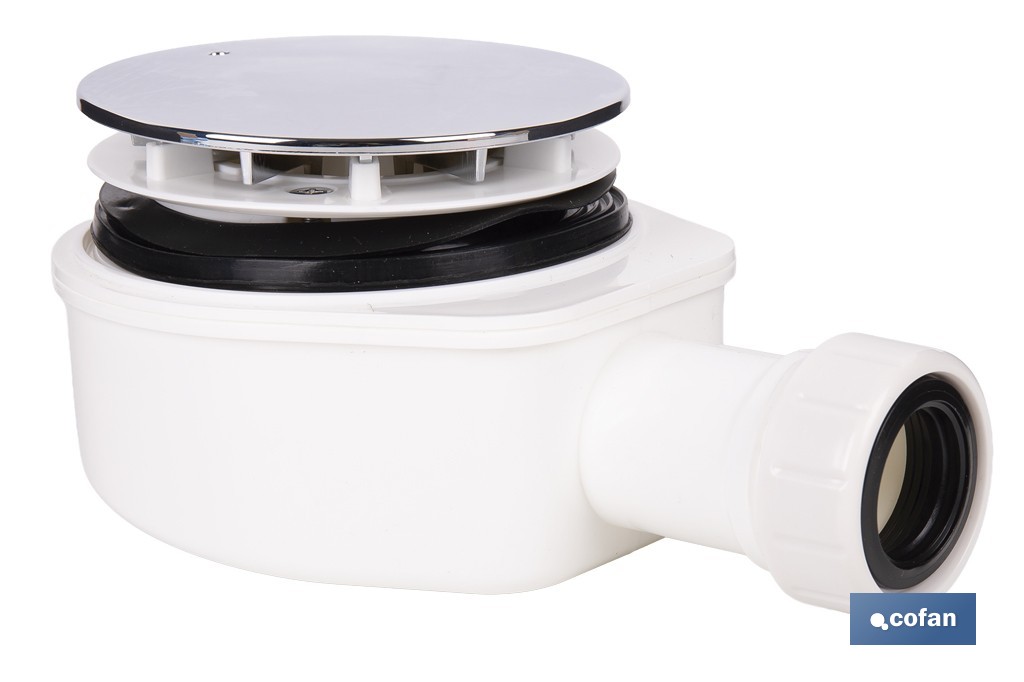 Válvula sifónica extraplana para ducha | Embellecedor cromado de acero inoxidable | Salida horizontal de Ø32-40 mm - Cofan