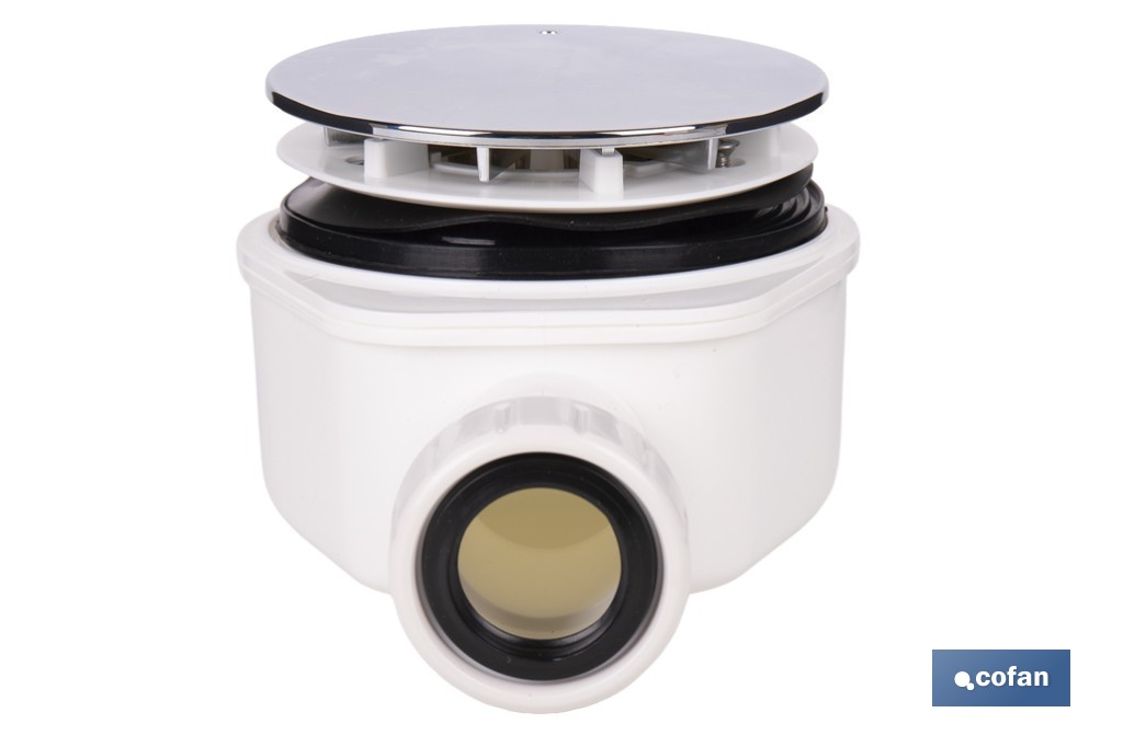 Válvula sifónica extraplana para ducha | Embellecedor cromado de acero inoxidable | Salida horizontal de Ø32-40 mm - Cofan