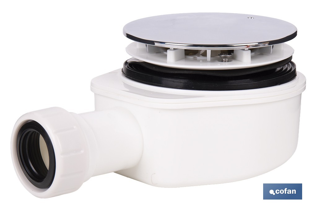 Válvula sifónica extraplana para ducha | Embellecedor cromado de acero inoxidable | Salida horizontal de Ø32-40 mm - Cofan
