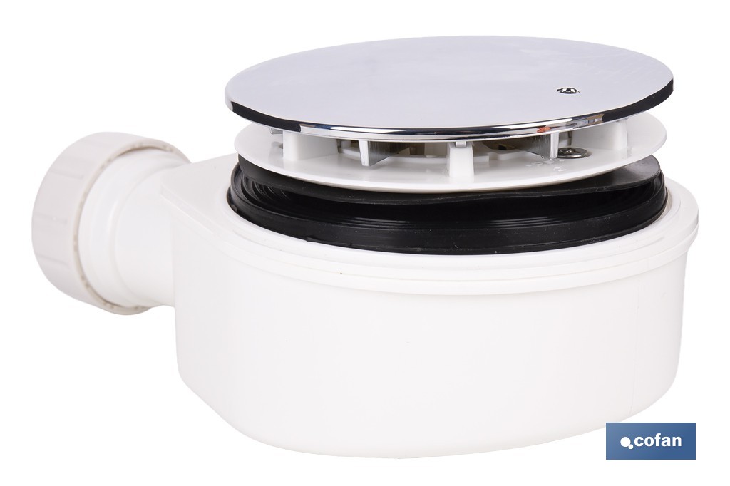 Válvula sifónica extraplana para ducha | Embellecedor cromado de acero inoxidable | Salida horizontal de Ø32-40 mm - Cofan