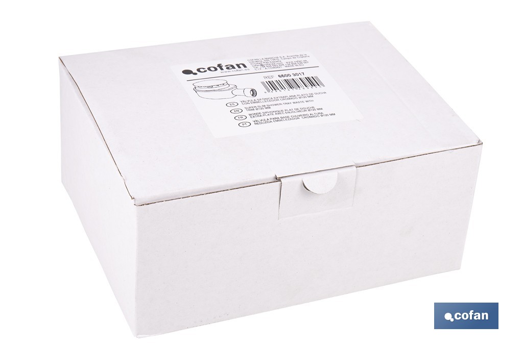 Válvula sifónica extraplana para ducha | Embellecedor cromado de acero inoxidable | Salida horizontal de Ø32-40 mm - Cofan
