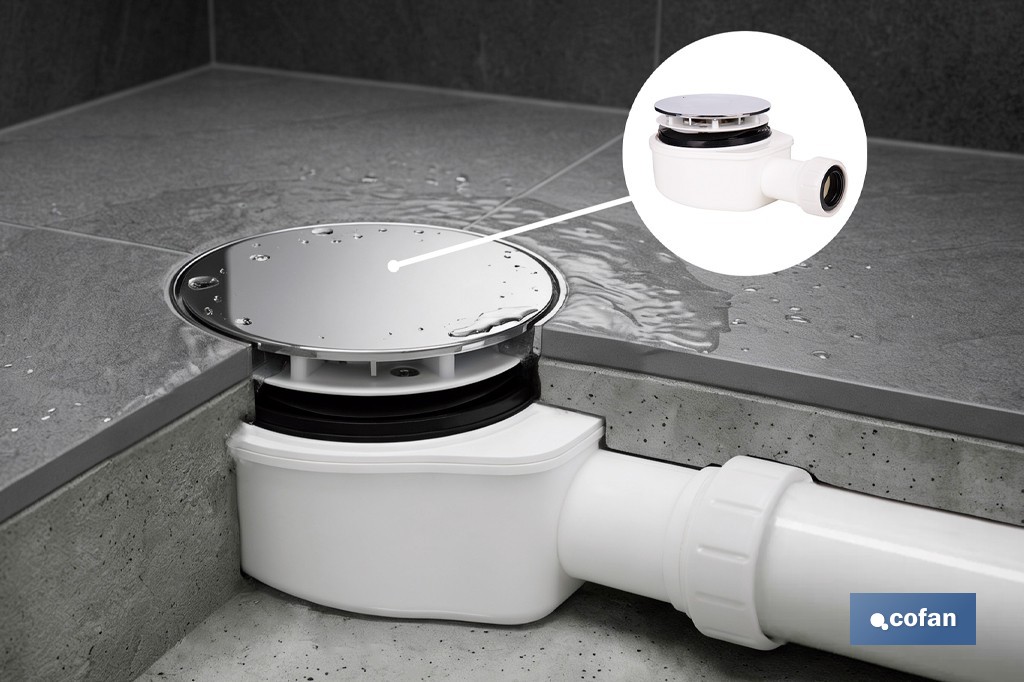 Válvula sifónica extraplana para ducha | Embellecedor cromado de acero inoxidable | Salida horizontal de Ø32-40 mm - Cofan