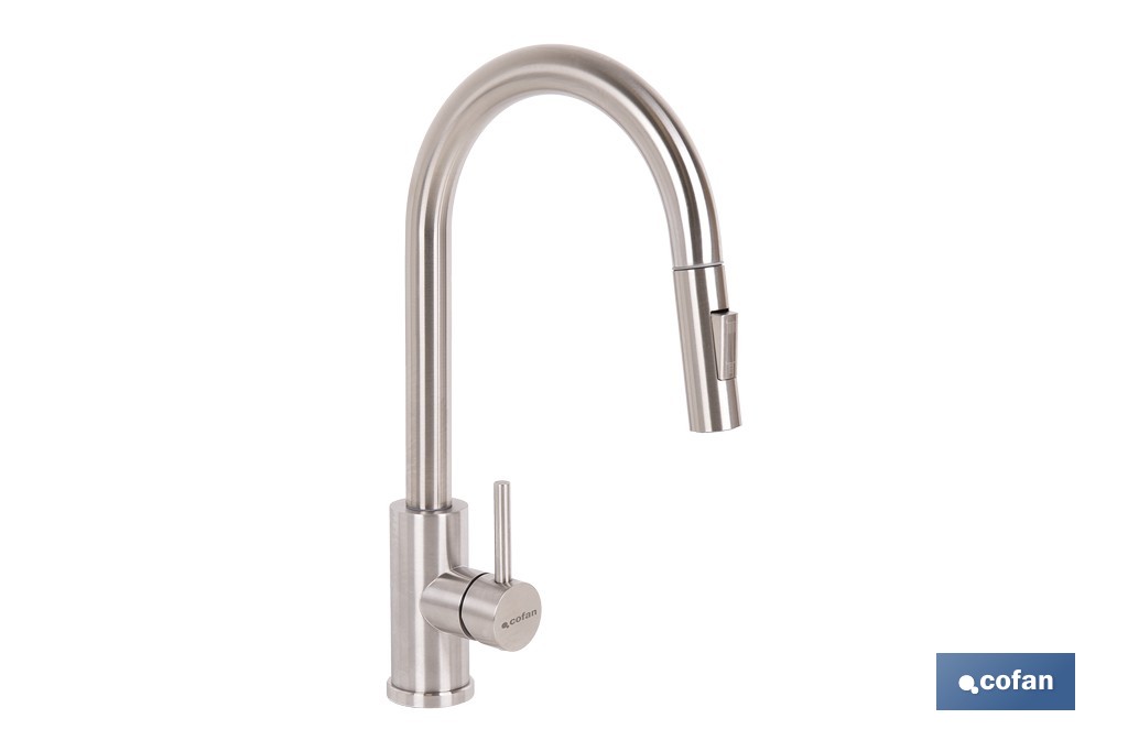 Grifo de cocina extensible giratorio 360° | Material: acero inoxidable 304 | Rociador con 2 funciones | Cartucho cerámico de Ø35 mm | Latiguillos de 50 cm - Cofan