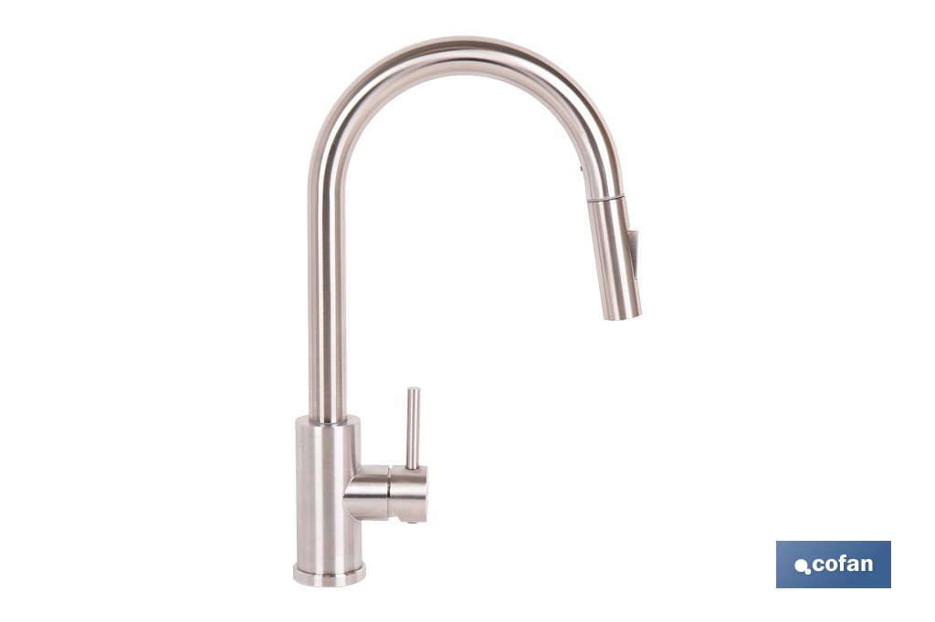 Grifo de cocina extensible giratorio 360° | Material: acero inoxidable 304 | Rociador con 2 funciones | Cartucho cerámico de Ø35 mm | Latiguillos de 50 cm - Cofan