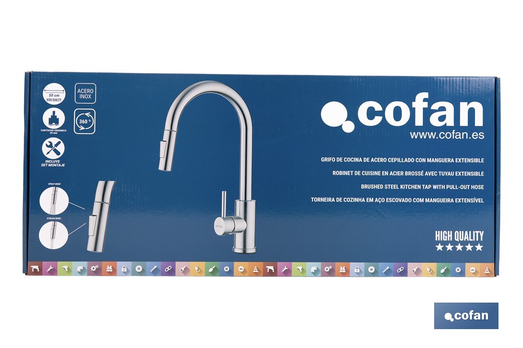 Grifo de cocina extensible giratorio 360° | Material: acero inoxidable 304 | Rociador con 2 funciones | Cartucho cerámico de Ø35 mm | Latiguillos de 50 cm - Cofan